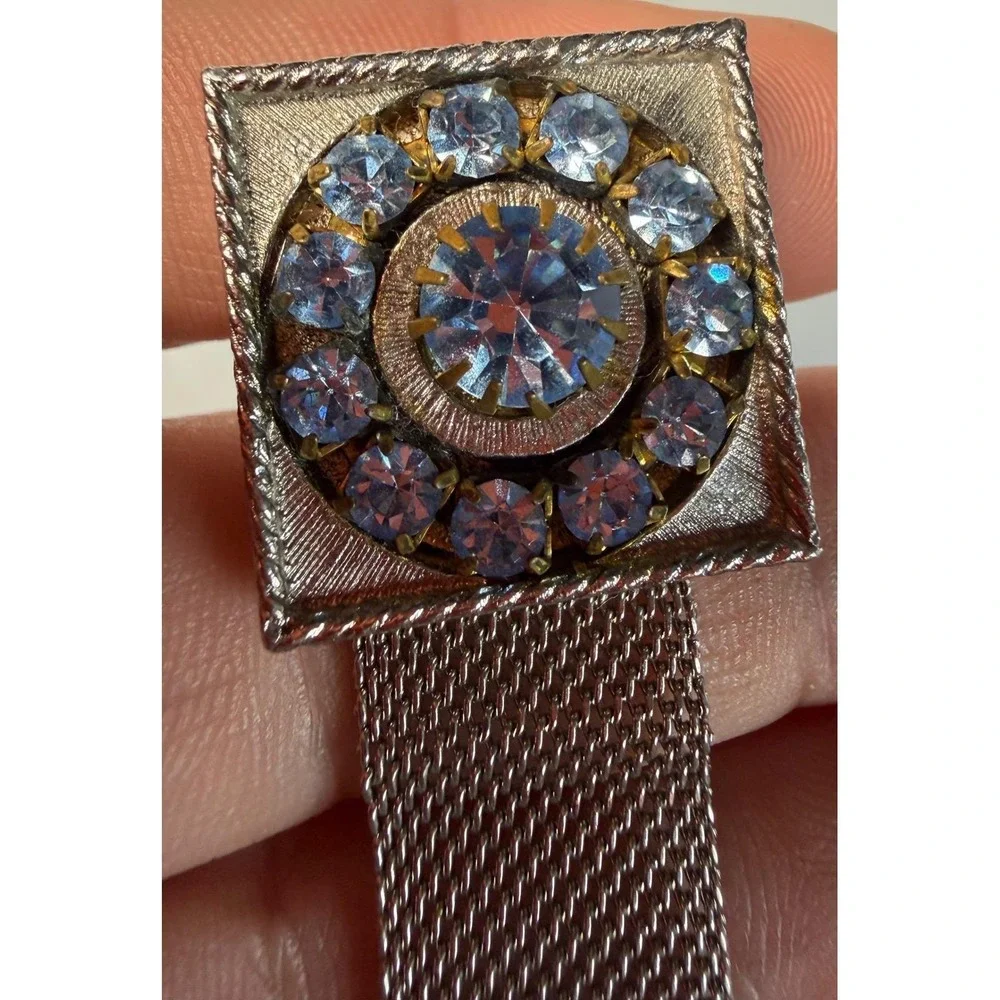 VTG Silver Tone Blue Rhinestone Mesh Wrap Around Cufflinks Square Mid Century